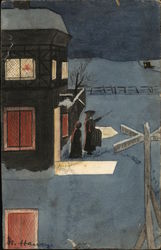 Night Scene of Two People In Front of a Building in the Snow Postcard