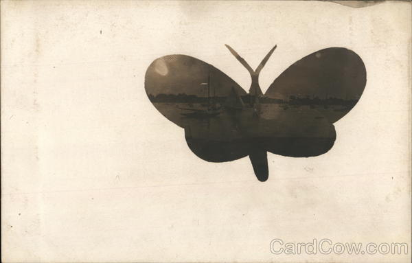 Boats on the water in the shape of a butterfly Vignette