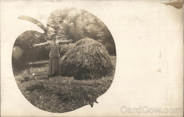 Woman Posing with a Pile of Straw Apple Vignette Women
