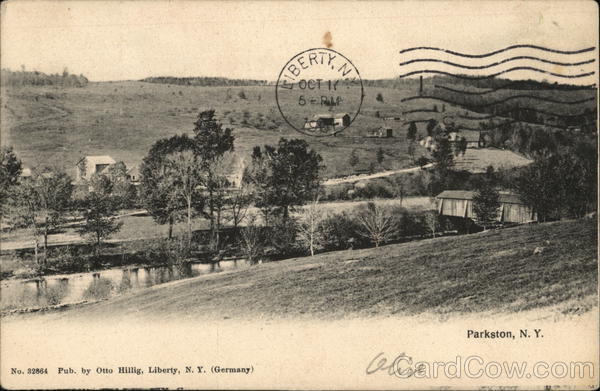 View of stream, trees, covered bridge and several houses Parkston New York