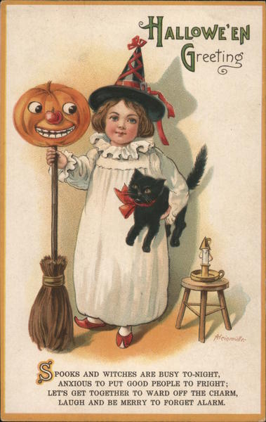 Hallowe'en Greeting - Pumpkin, Witch, Black Cat Aleinmuller