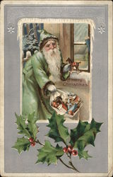 Green Robe Santa With Bag of Toys Christmas Postcard Postcard