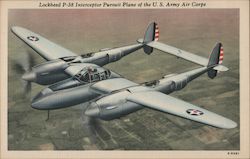 Lockheed P-38 Interceptor Pursuit Plane of the U.S. Army Air Corps Air Force Postcard Postcard Postcard