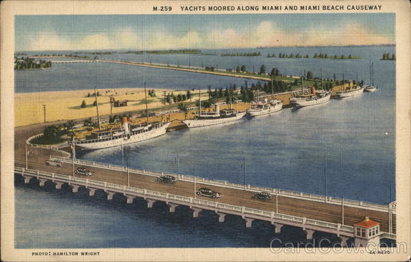 Yachts Moored Along Miami and Miami Beach Causeway Florida