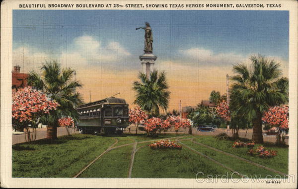 Beautiful Boulevard at 25th Street, Showing Texas Heroes Monument Galveston