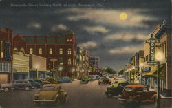 Newcastle Street looking North, at night Brunswick, GA Postcard Postcard Postcard