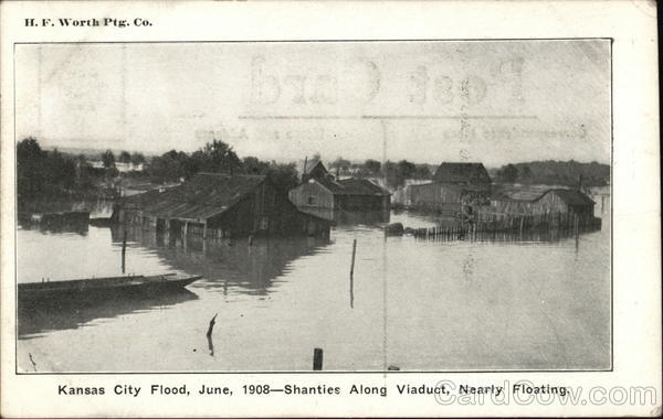 Kansas City Flood, June 1908 - Shanties Along Viaduct, Nearly Floating Missouri