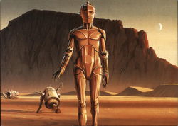 Star Wars C-3PO and R2-D2 on Tatooise. Detail from a production painting. Star Wars C-3PO and R2-D2 on Tatooise. Detail from a production painting.
