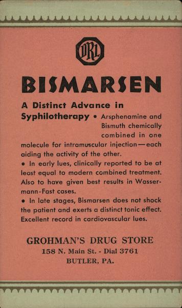 Bismarsen, Syphilis: Grohman's Drug Store Butler Pennsylvania