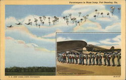 Paratroopers in Mass Jump with Inset of Single-File Line Fort Benning, GA Postcard Postcard Postcard