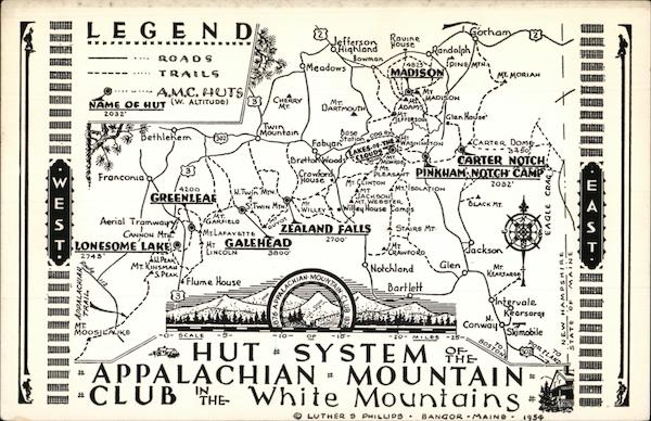 Map of Hut System, Appalachian Mountain Club, White Mountains, NH New Hampshire