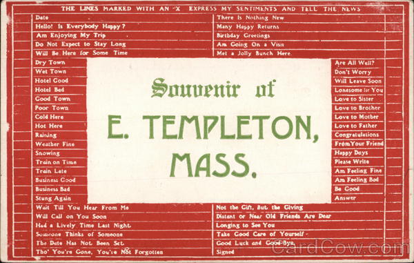 Greetings from East Templeton Massachusetts