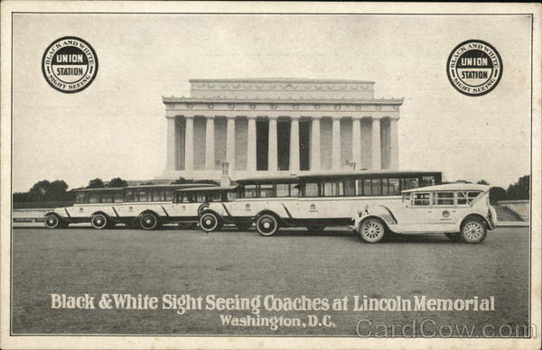 Black & White Sight Seeing Coaches at Lincoln Memorial Washington District of Columbia