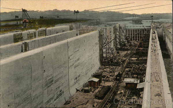 Lower Gatun Lock, seven miles from the Atlantic entrance to the canal. Panama Canal