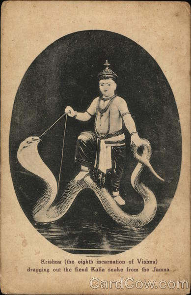 Krishna (the eighth incarnation on Vishnu) dragging out the fiend Kalia snake from the Jamma Japan