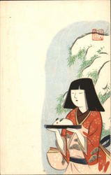 Asian woman presenting a plate. Japan Postcard Postcard