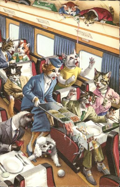 Cats Dressed as People Being Served Food