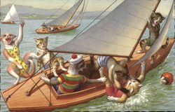 Cats Dressed Like People Falling Out of a Sailboat Postcard Postcard Postcard