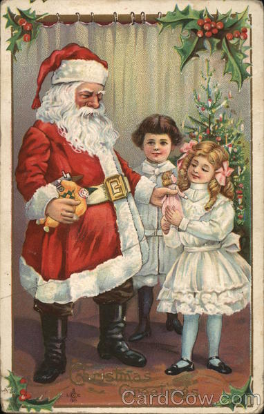 Santa and Two Children, Giving Girl a Doll Santa Claus