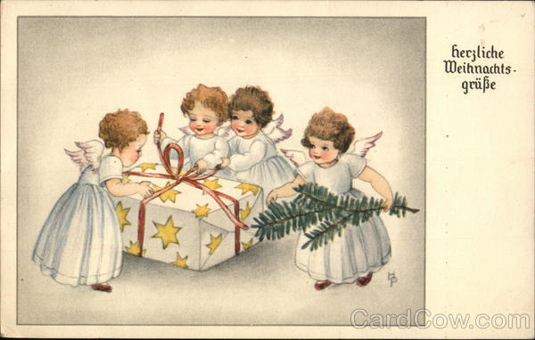 Four Angels in White Dresses Opening a Gift