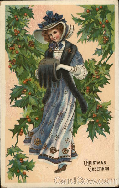 Woman in Blue Dress and Furs Near Garland Christmas