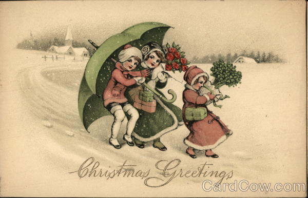 Three Girls in Coats Carrying Flowers and Gifts in the Snow