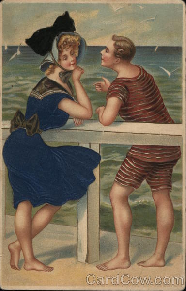 A Man in a Bathing Suit talking to a Woman in a Blue Dress