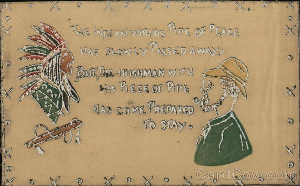 Indian Chief with Headdress and Irish Man with Pipe