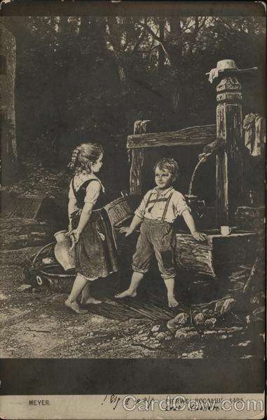 Little Girl with Water Jug and Little Boy at Well Children