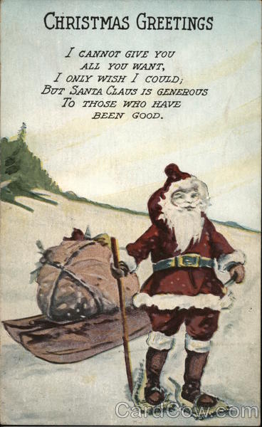 Santa Wearing Snowshoes with Bag of Toys on Sled Santa Claus