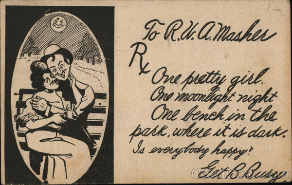 Man Holding Woman on Bench with Smiling Moon Comic, Funny