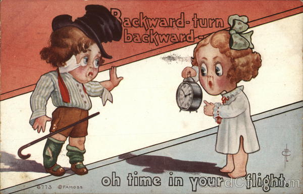 Two Caricature People - Woman Holding Alarm Clock, Showing Man the Time