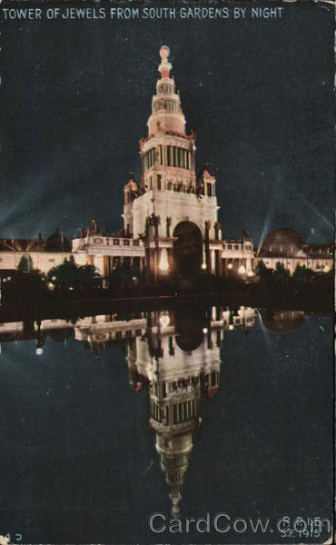 Tower of Jewels from South Gardens by Night 1915 Panama-Pacific Exposition