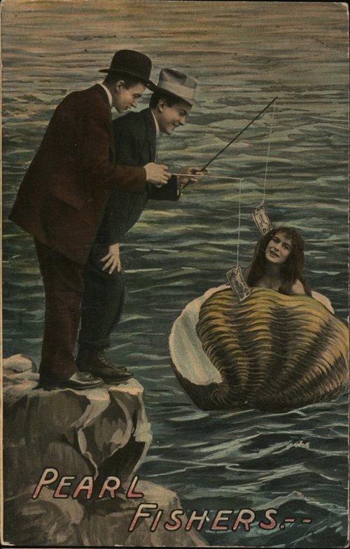 Two Men Dangling Money Before Woman Behind Shell in Water