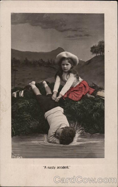 Little Girl With Hands on Fallen Little Boy Children