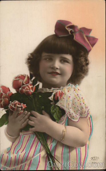 Little Girl Wearing Hair Bow Holding Red Flowers Children