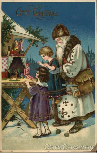 Rare Santa in White Robe with Children Santa Claus Postcard