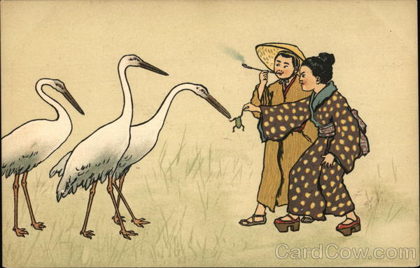 Chinese Couple Feeding Frog to Three Storks Asian