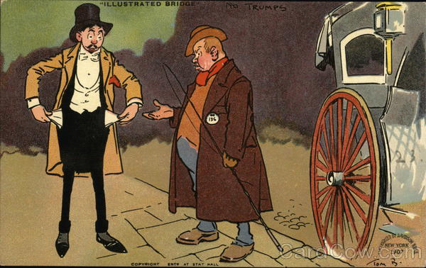 Man in Tophat Showing Empty Pockets to Coach Driver