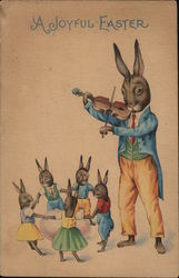 A Joyful Easter - Bunny Playing Violin With Bunnies Postcard Postcard Postcard