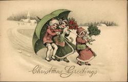 Three Girls in Coats Carrying Flowers and Gifts in the Snow Three Girls in Coats Carrying Flowers and Gifts in the Snow