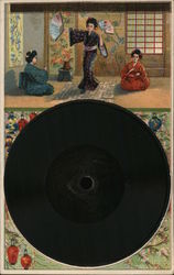 Three Oriental Ladies, One Dancing with Fans Postcard