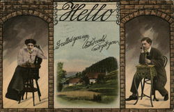Woman on One Side, Man on Other Side, Both on the Phone Postcard