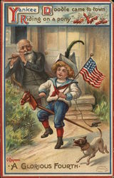 Boy Riding Stick Horse Holding American Flag 4th of July Postcard Postcard Postcard