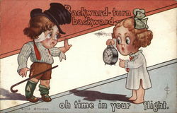 Two Caricature People - Woman Holding Alarm Clock, Showing Man the Time Postcard