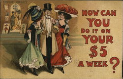 Two Women in Fancy Dresses Walking with Man in Top Hat Postcard