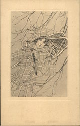 Young Woman In Hooded Coat Carrying Snowshoes on Her Back Postcard