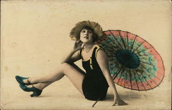 Pretty Young Lady in Bathing Suit ans parasol Postcard