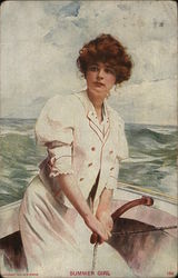 Young Woman Steering Boat Postcard