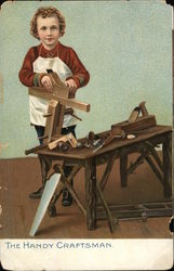 Boy Wearing Apron with Wood, Tools and Workbench Boys Postcard Postcard Postcard